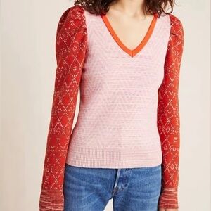 Anthropologie Cherie Puff-Sleeved Sweater - Brick Red/Pink - Size L